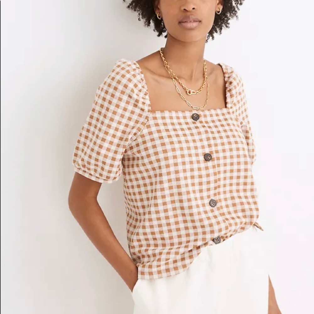 MADEWELL Gingham Square Neck Puff Sleeve Top